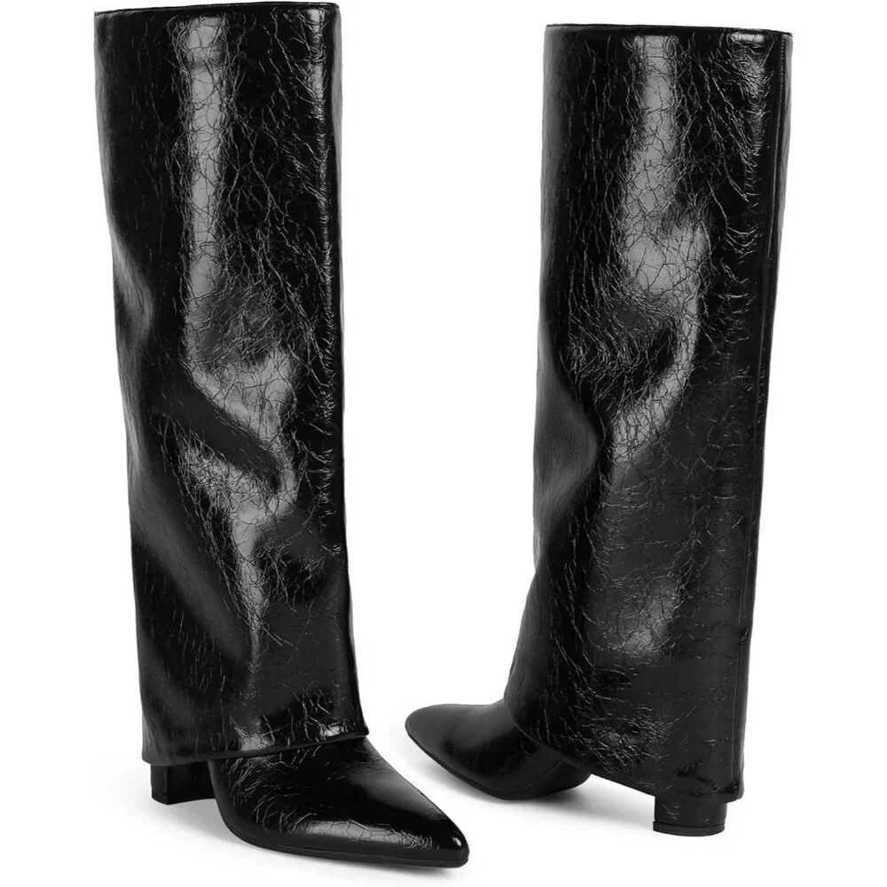 Women B-black Faux Leather Fold Over Knee High Chunky High Heels Long Boots